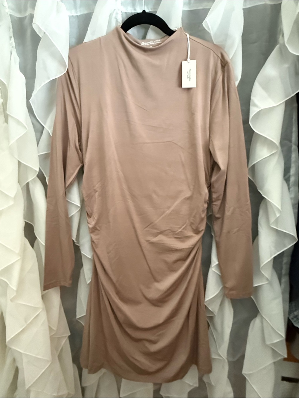 Abercrombie & Fitch Long Sleeve Ruched Midi Dress in Mauve Taupe